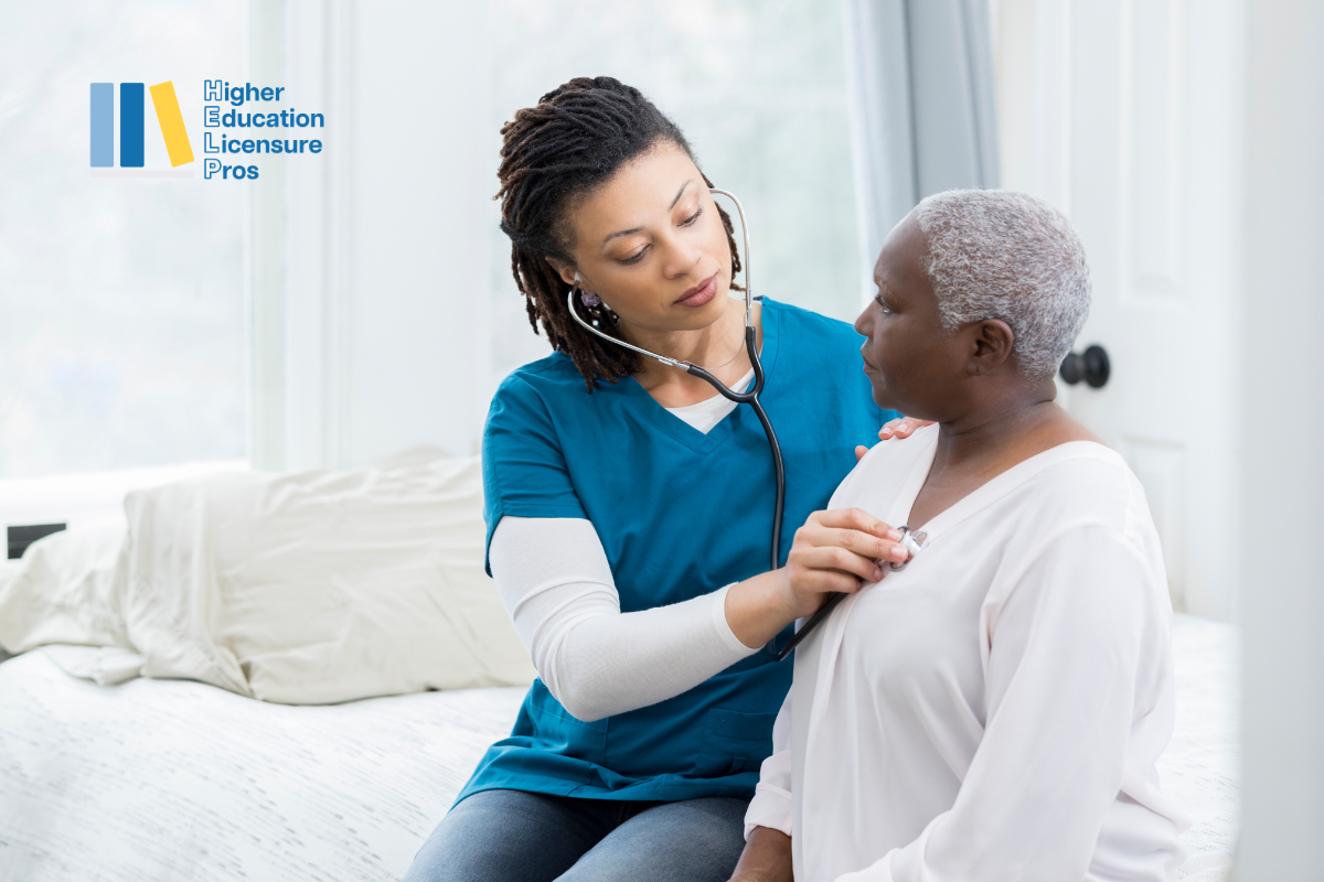 Nurse using a stethoscope with a patient