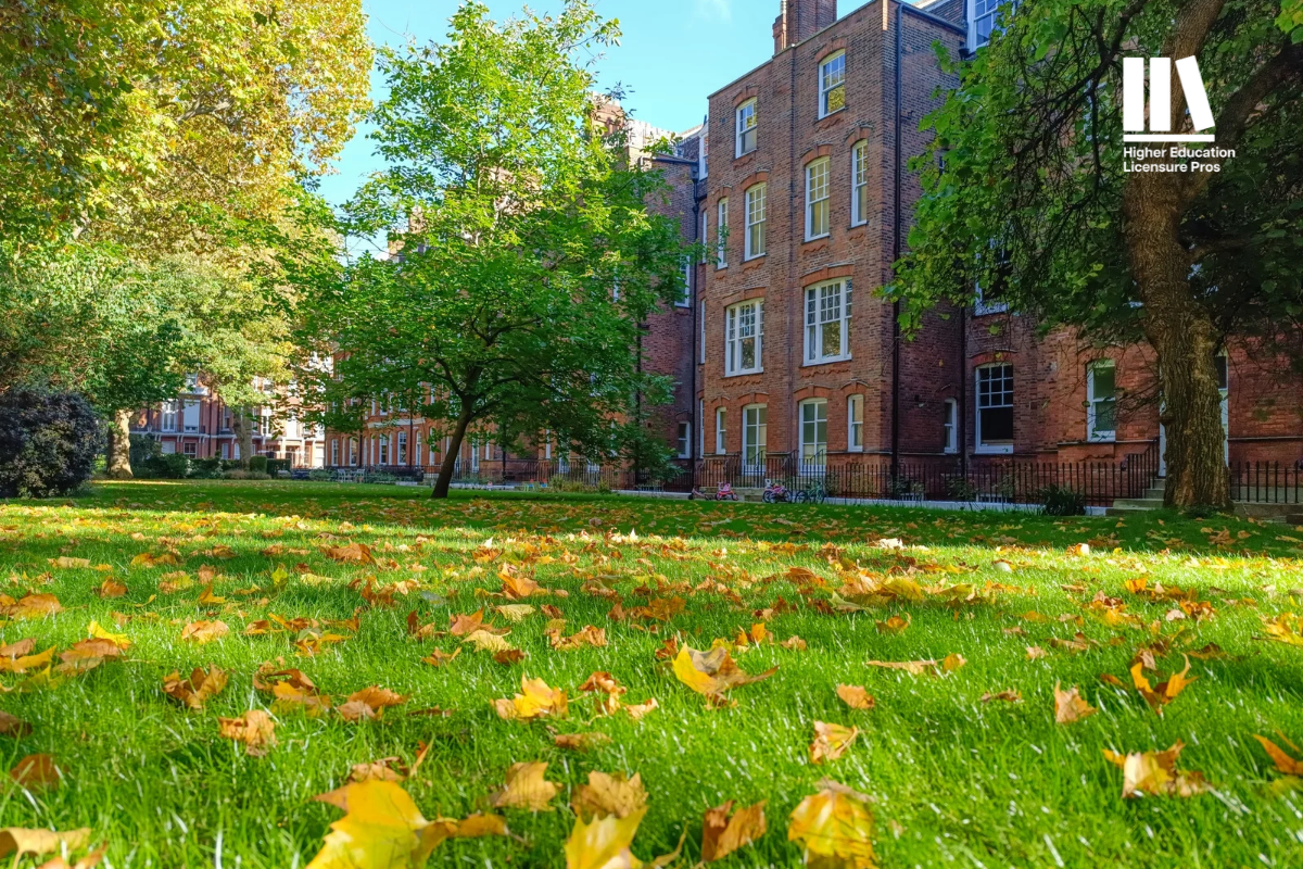 college campus yard with leaves